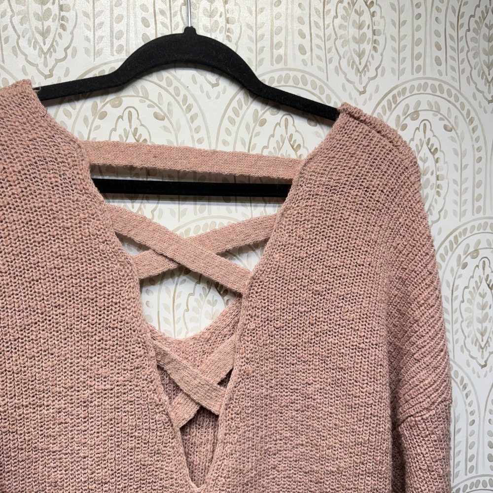 Torrid Sweater Womens 2 Pink Lattice Back V-Neck Tunic Shaker Knit Cotton Blend - Picture 4 of 6